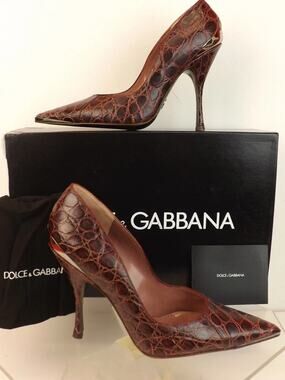 NIB DOLCE & GABBANA BURGUNDY NATURAL CROCODILE LEATHER POINTED TOE PUMPS 38 ITAL